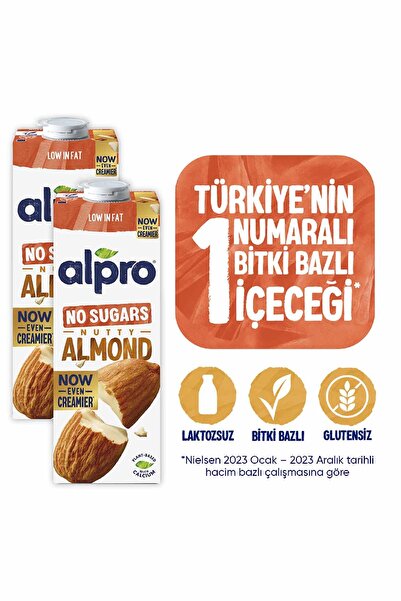 Alpro Şekersiz Badem Sütü 2x1 L Vegan Laktozsuz Bitkisel Bazlı