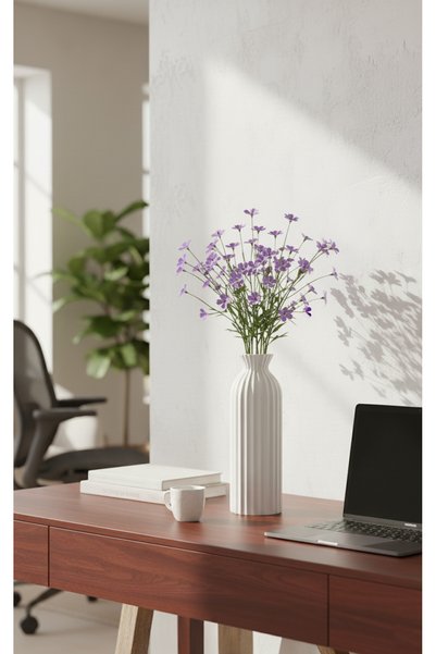 Decorstation Dekoratif Beyaz Şerit Desenli Oval Vazo-canlı Cansız Bitki Saksısı 21 CM