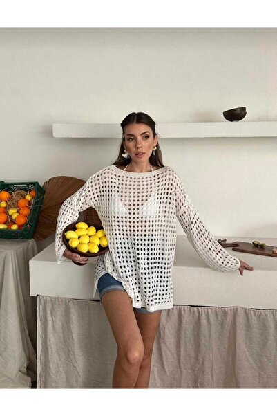 Bracha Boat Neck Openwork Pattern Long Sleeve Comfortable Fit Tunic
