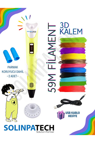 SolinpaTech Sarı 3d Kalem 3d Pen Yazıcı Kalem | Çok Renkli (TOPLAM 59 METRE) Filament Usb Kablo