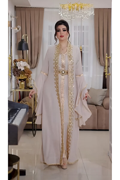 NHMODA Geniş kollu, Altın renk işlemeli,Kemer detaylı,Yöresel kaftan