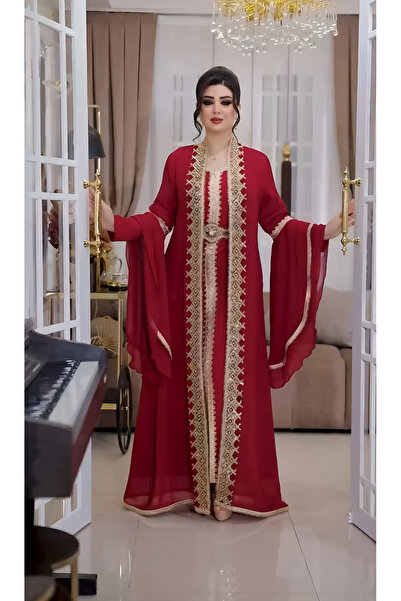 NHMODA Geniş kollu, Altın renk işlemeli,Kemer detaylı,Yöresel kaftan