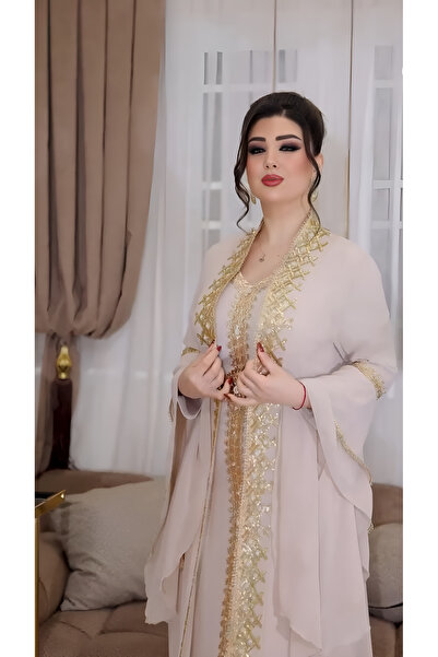 NHMODA Geniş kollu, Altın renk işlemeli,Kemer detaylı,Yöresel kaftan