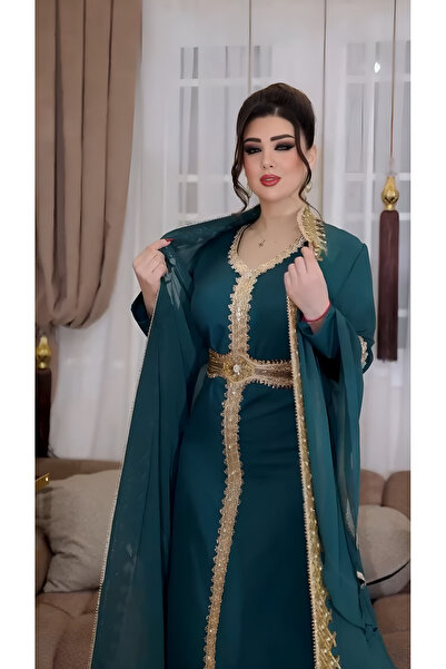 NHMODA Geniş kollu, Altın renk işlemeli,Kemer detaylı,Yöresel kaftan