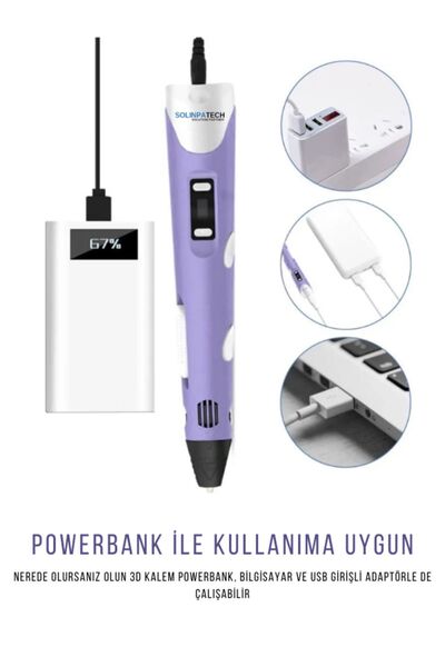 SolinpaTech MOR 3d Kalem 3d Pen Yazıcı Kalem | Çok Renkli (TOPLAM 109 METRE) Filament Usb Kablo