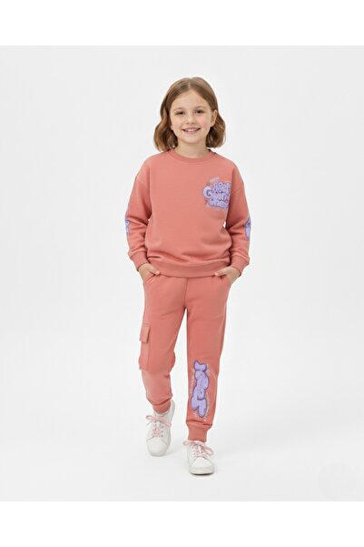 Ege Bebek Girls' Back Printed Sweatshirt and Cargo Pocket Tracksuit Bottoms 6-7-8-9-10 Years Old Tracksuit Set