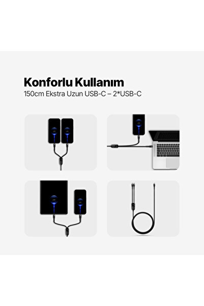 Ttec AlumiCable Duo USB-C – 2* USB-C 100W 150cm Hızlı Şarj Kablosu 2DK55S