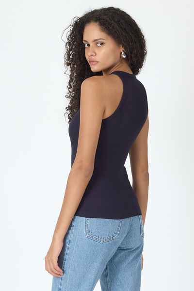 COMEOR Ribbed Regular Fit Normal Fit Navy Blue Crew Neck Zero Sleeve Cotton Women's Tank Top