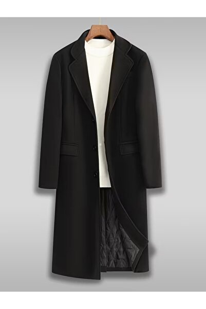 Mero Life Erkek Siyah Dar Kesim Uzun Yün Karışımlı Kaşe Palto