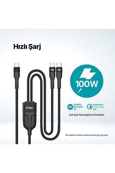 Ttec AlumiCable Duo USB-C – 2* USB-C 100W 150cm Hızlı Şarj Kablosu 2DK55S