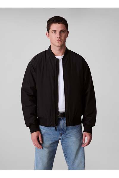 Calvin Klein Erkek Tam Kalıp Kolej Yaka Bomber Ceket - Siyah