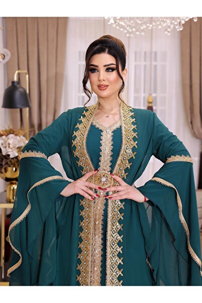NHMODA Geniş kollu, Altın renk işlemeli,Kemer detaylı,Yöresel kaftan