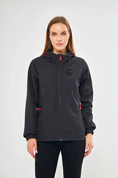 D1fference Kadın Siyah Astarlı Rüzgar Geçirmez Kapüşonlu Cepli Yağmurluk