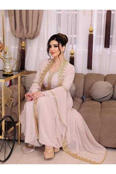 NHMODA Geniş kollu, Altın renk işlemeli,Kemer detaylı,Yöresel kaftan