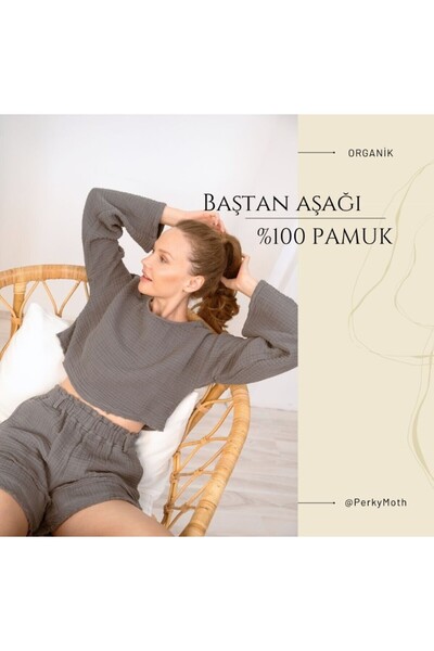 Perky Moth Kadın %100 Pamuk Nefes Alır Müslin Şort Takım – Ev & Günlük Rahat Yazlık İkili Takım – Beyaz ve Gri