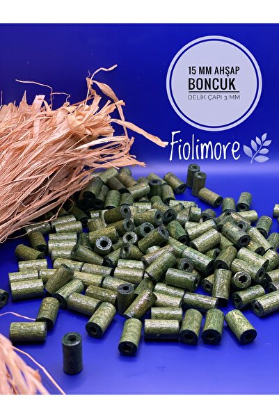 Fiolimore 15 mm Haki Yeşil Kesme Boru Ahşap Boncuk (50 Gram 100 Adet) Delik Ç...
