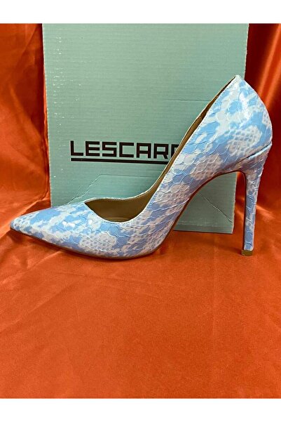 lescarpe LES011 BEBE MAVİSİ YILAN DERİSİ DESENLİ STİLETTO KADIN TOPUKLU AYAKKABI