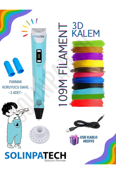 SolinpaTech Mavi̇ 3d Kalem 3d Pen Yazıcı Kalem | Çok Renkli (toplam 109 Metre) Filament Usb Kablo