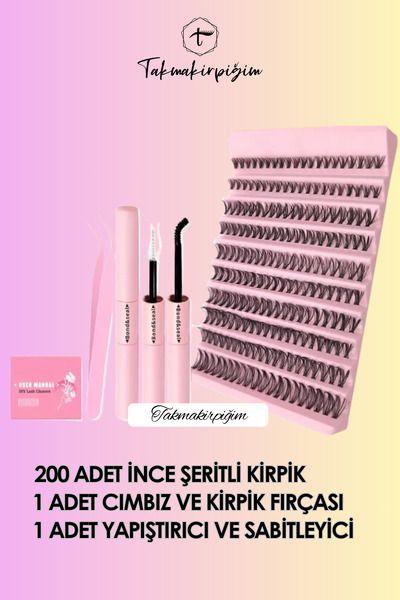 Takmakirpiğim Takma Kirpik Seti Yapıştırıcı, Sabitleyici, Cımbız Ve Kirpik Fırçasıyla 200 Adet Kirpik Tutamı