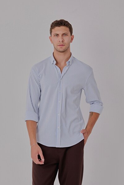 jack carisma MAVİ-BEYAZ- OVERSİZE LİKRALI GOFRE DOKULU ÇİZGİLİ GÖMLEK