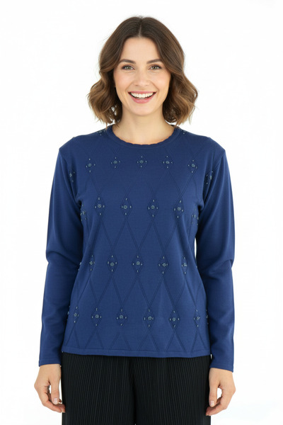 Oppland Kadın Kışlık Şirin Minik Taşlı Kendinden Desenli Normal Kesim Likralı Dokuma Anne Kazak