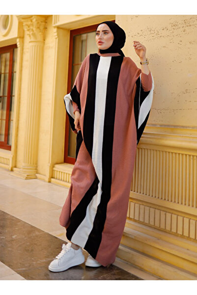 SAHRA BUTİK فستان حجاب محبوك بأكمام الخفاش بلون وردي - بوتيك ميداني