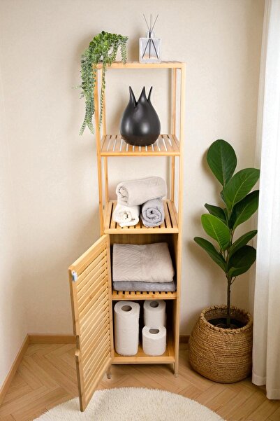 Digithome Bambu Tek Kapaklı 3 Raflı Çok Amaçlı Banyo Düzenleyici Organizer Dik Dolap DB-0037