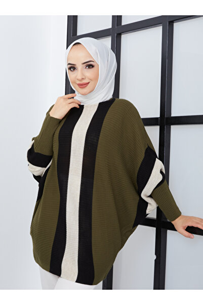 SAHRA BUTİK Khaki Colored Front Striped Bat Knitwear Tunic - Sahra Butik