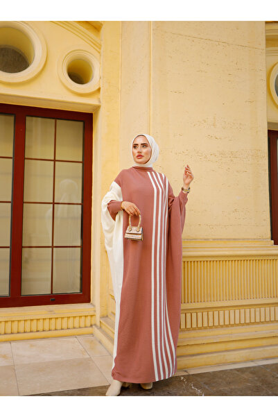 SAHRA BUTİK Dusty Rose Side ριγέ πλεκτό φόρεμα Hijab - Sahra Boutique