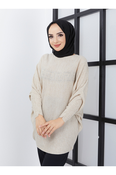 SAHRA BUTİK Bat Sleeve Knit Tunic with Stones on the Front - Ecru -