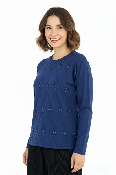 Oppland Kadın Kışlık Şirin Minik Taşlı Kendinden Desenli Normal Kesim Likralı Dokuma Anne Kazak