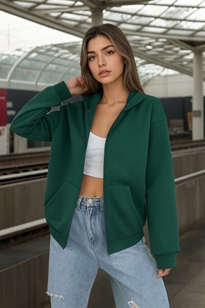 LOUİSA Women's Hooded Zippered Nefti Green Ribbed Cardigan