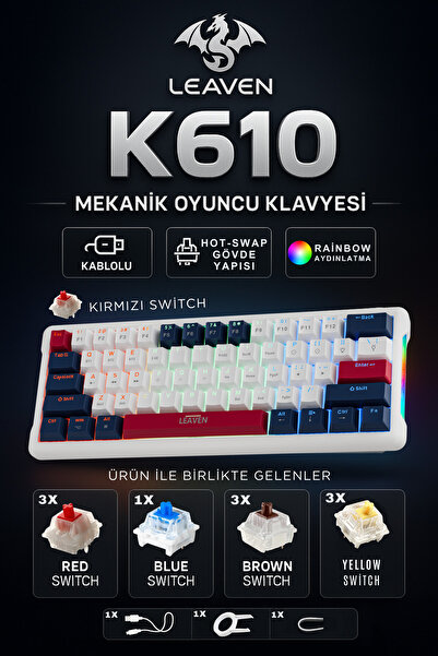 Leaven K610 Kablolu Kırmızı Switch Mekanik Oyuncu Klavyesi-61 Tuş Rgb-hot Swap