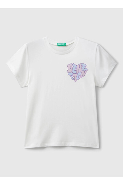 Benetton cu imprimeu Ecru Fată tricou 3I1XC10Q1