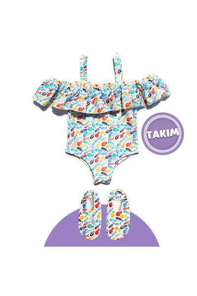 Ella Bonna Colorful Fishes Themed Girl's Beach Combination Sea Shoes & Sea Swimsuit Set