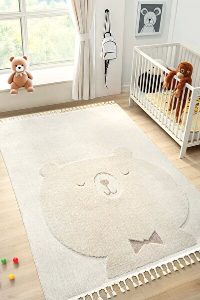 Eliz Home Krem Ayıcıklı Bebek Çocuk Odası Halısı Yumuşak Leke Tutmaz Antialer...