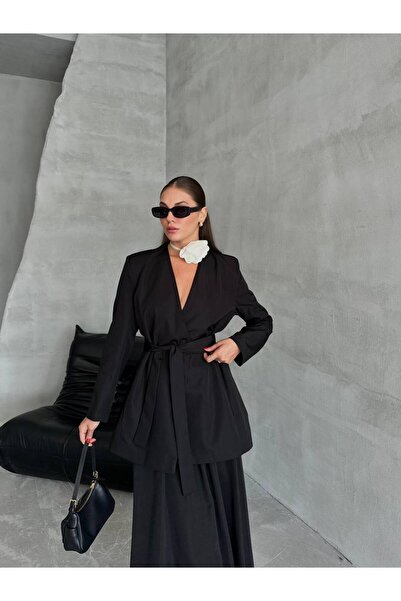 My Blog Jachetă neagră elegantă cu curea - 7308