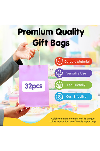 NEXSO 32PCS Multicolour Kraft Paper Gift Bags with Handles for Birthdays, Baby Showers & Events
