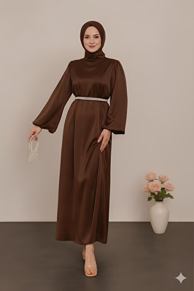 STİLZERAFET Βραδινό Σατέν Φόρεμα με Πέρλες Ζώνη Almina