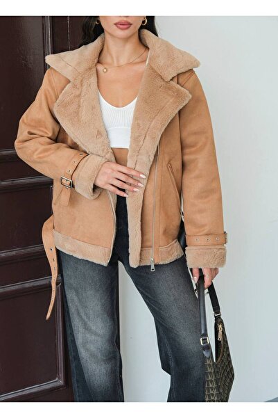 DONNA LISSA Wildlederjacke mit Gürteldetail und Fellfutter