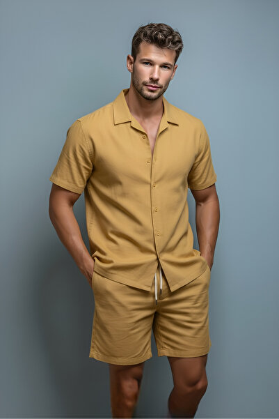 MCZ GİYİM Keten Men's Short Sleeve Slim Fit Shirt Collar Yellow Cotton Shirt and Pipe Leg Shorts Bottom Top Set
