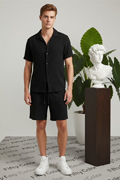 Fifty Color Alaçatı Style, Men'S, Wrinkle, Crinkle Fabric, Summer Lycra Shirt, and Shorts Jogger Set, Combination