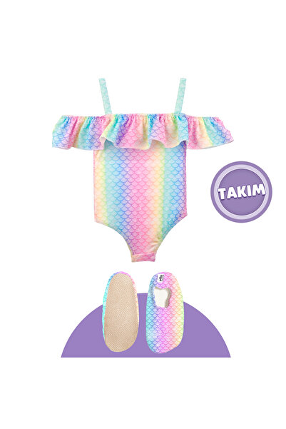 Ella Bonna Rainbow Themed Girl's Beach Combination Sea Shoes & Sea Swimsuit Set