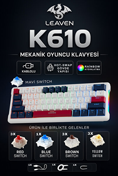 Leaven K610 Kablolu Lacivert - Beyaz Mekanik Oyuncu Klavyesi-61 Tuş Rgb-Hot Swap - Mavi Switch