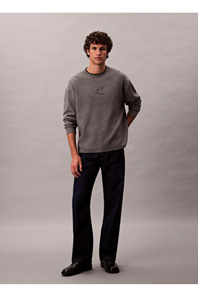 Calvin Klein Jeans Bisiklet Yaka Relaxed Düz Gri Erkek Kazak LV04RD300GP7E LS EMBOSSED LOGO CREW