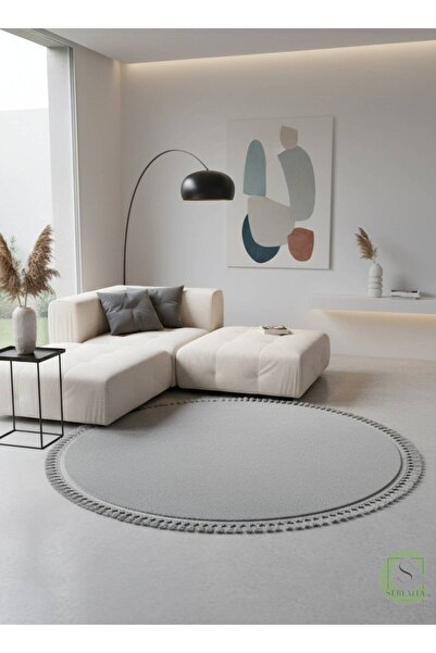 SerenitaHome Post/Peluş Gri Yuvarlak Saçaklı Halı Yıkanabilir Kaymaz Taban Sa...
