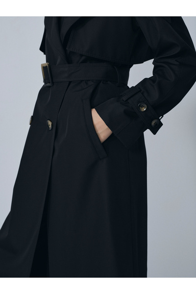 IDA Collection Çift Düğmeli Rüzgarlık Detaylı Trençkot Siyah