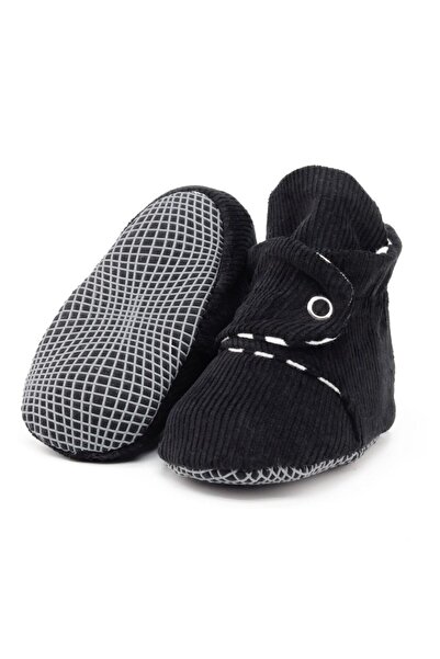 Ella Bonna Organic Cotton Corduroy Baby Shoes, Non-Slip Sole, Striped Nursery Shoes Booties, Black