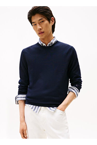 Tommy Hilfiger Bisiklet Yaka Normal Mavi Erkek Kazak MW0MW39775DW5_DC FINE MERINO WOOL C