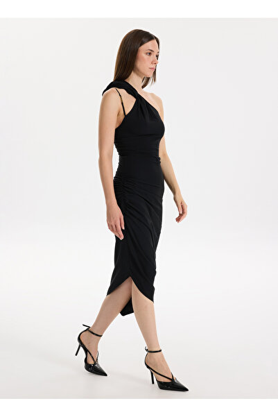 VERSACE JEANS COUTURE Boyundan Bağlamalı Yaka Düz Siyah Uzun Kadın Elbise 78H...